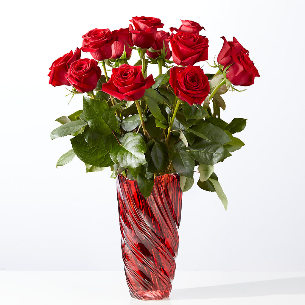 Classic Love Red Rose Bouquet with Luxe Swirl Vase – Peonia Flowers Llc, Lakewood NJ