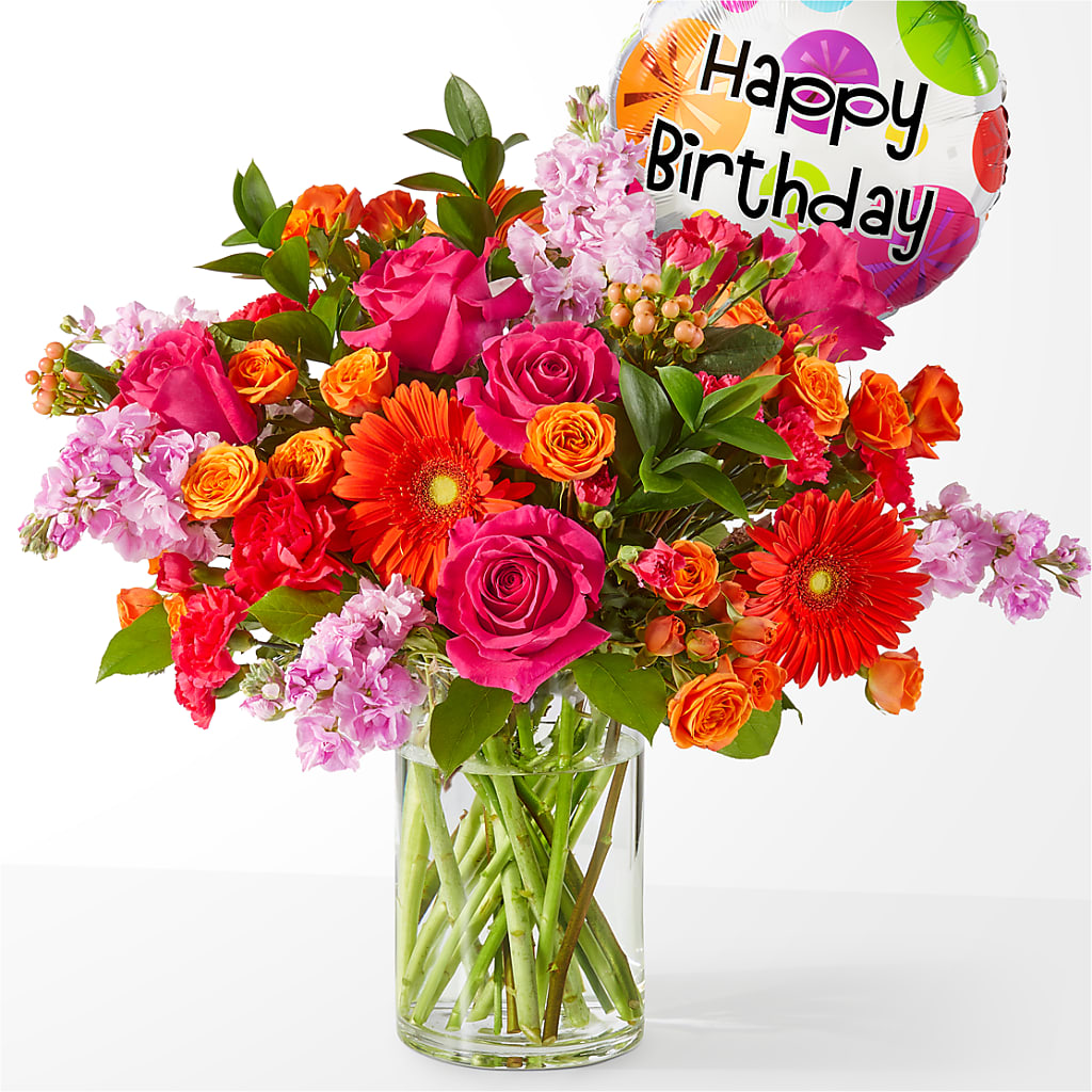 Fiesta Bouquet with Birthday Balloon –  Peonia Flowers Llc, Lakewood NJ