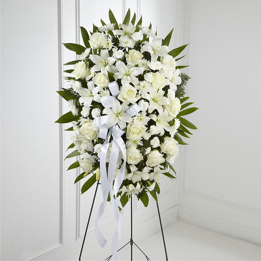 Exquisite Tribute Standing Spray-White Ribbon –  Peonia Flowers Llc, Lakewood NJ