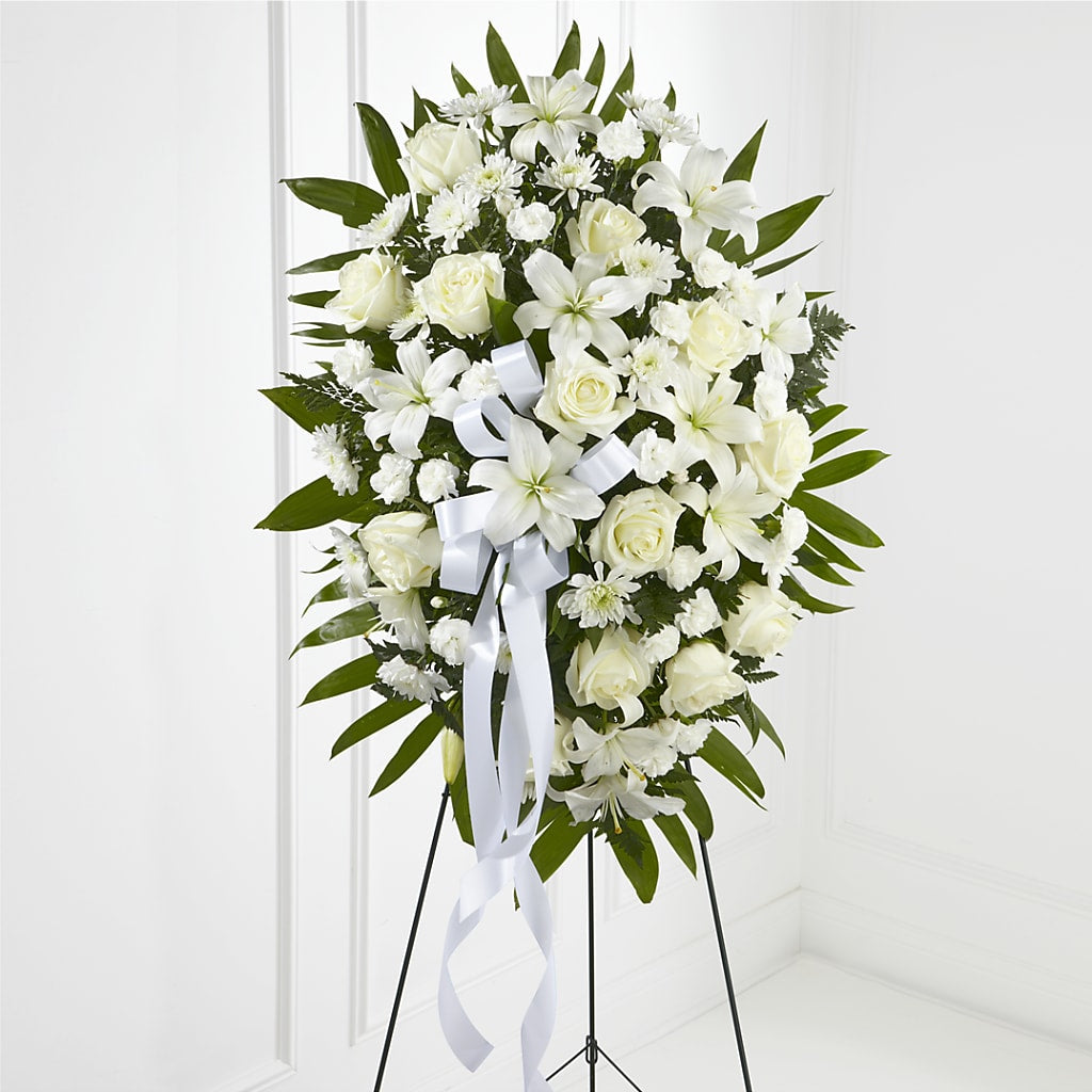 Exquisite Tribute Standing Spray-White Ribbon –  Peonia Flowers Llc, Lakewood NJ