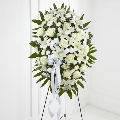 Exquisite Tribute Standing Spray-White Ribbon –  Peonia Flowers Llc, Lakewood NJ